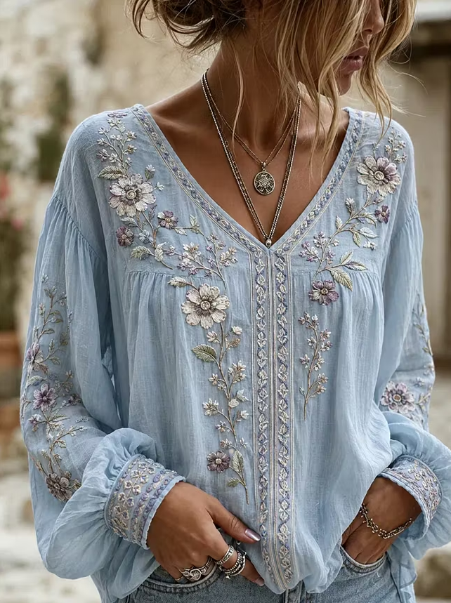 Women's Casual Floral Print V-neck Top