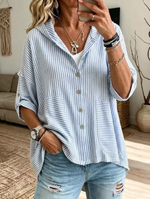 Striped Casual Hooded Shirt With Large Pockets And Daily Three-quarter Sleeves