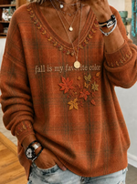 Women Maple Leaf V Neck Casual Spring/Fall Long Sleeve T-shirt