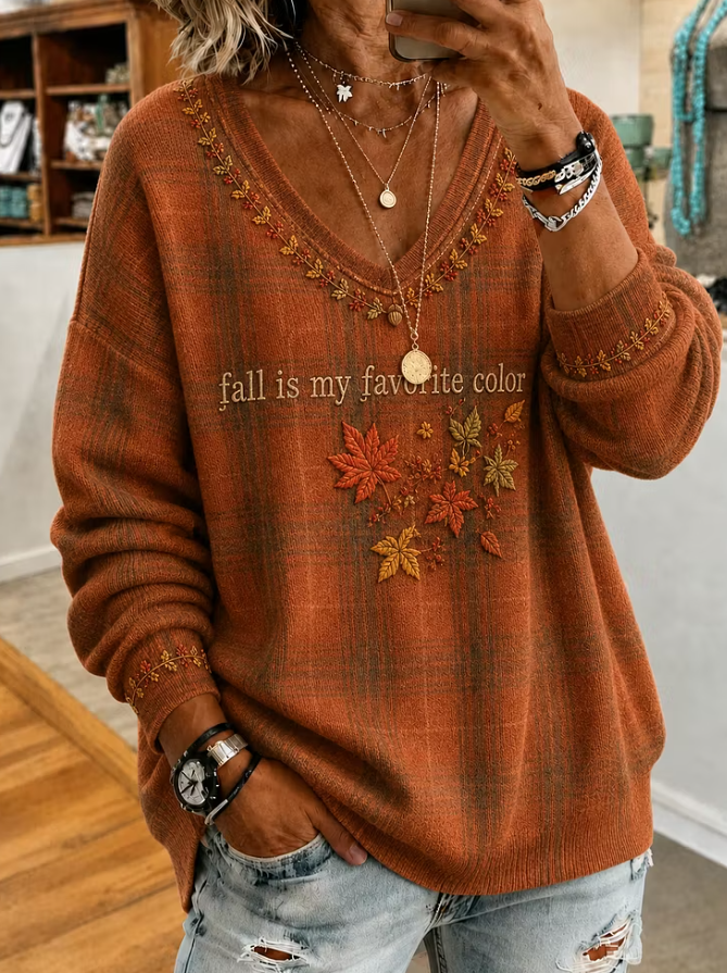 Women Maple Leaf V Neck Casual Spring/Fall Long Sleeve T-shirt