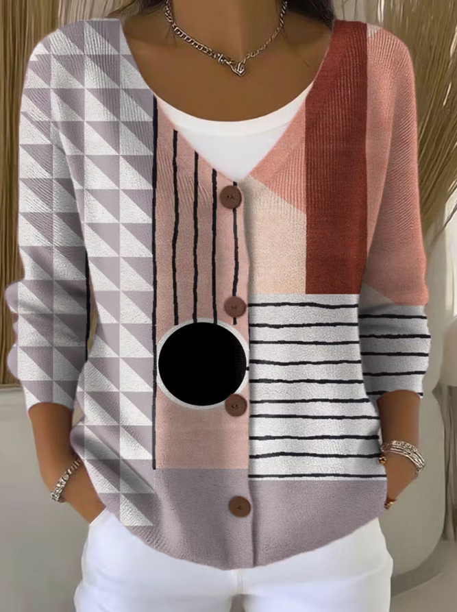 Vintage Abstract Geometry Art Print Buttoned V-neck Cardigan Sweater