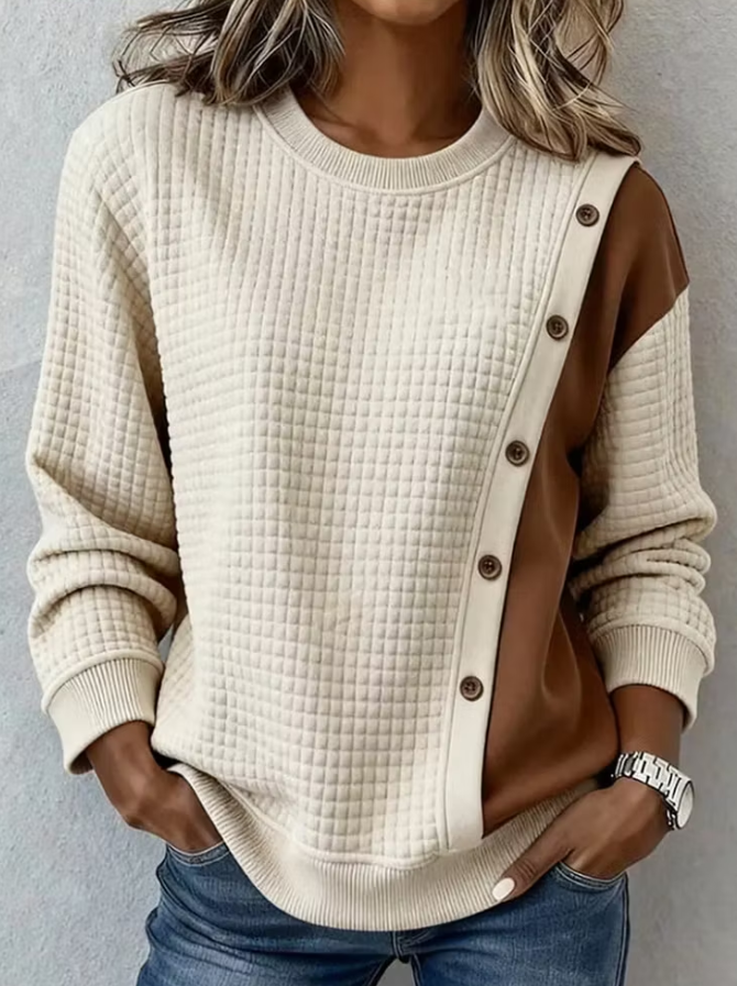 Casual Color Block Waffle Knit Crew Neck Sweatshirt
