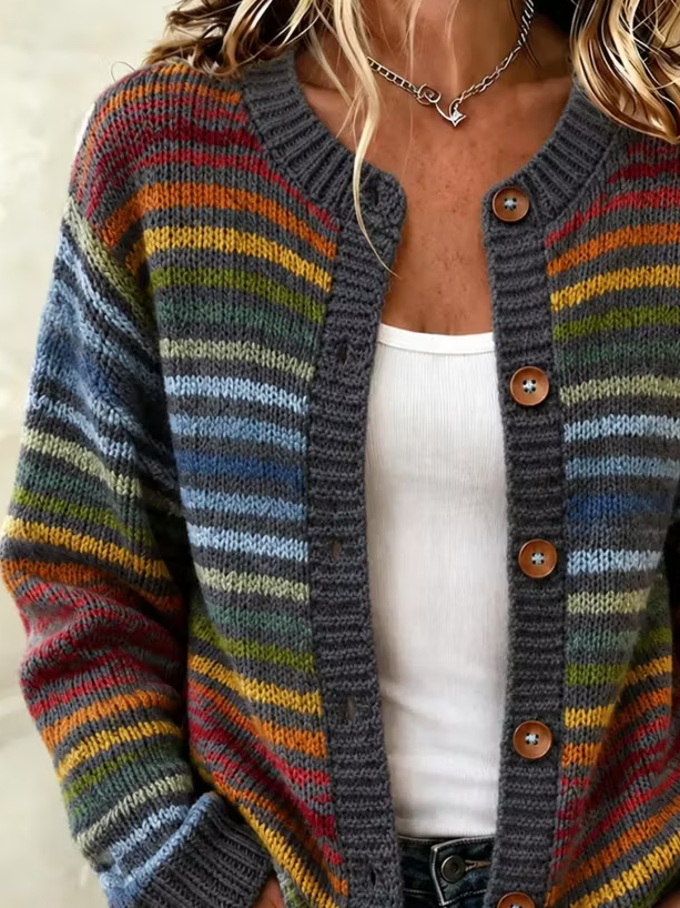 Women Striped Printing Long Sleeve Crew Neck Vintage Spring/Fall Cardigan