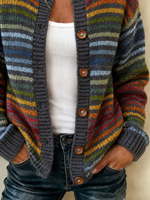 Women Striped Printing Long Sleeve Crew Neck Vintage Spring/Fall Cardigan
