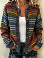 Women Striped Printing Long Sleeve Crew Neck Vintage Spring/Fall Cardigan