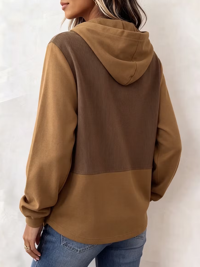 Cozy Color Block Knit Hoodie With Layered Hem