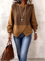 Cozy Color Block Knit Hoodie With Layered Hem