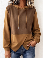 Cozy Color Block Knit Hoodie With Layered Hem