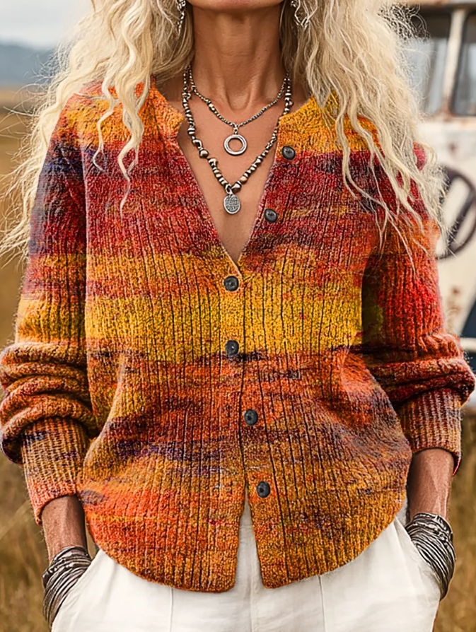 Women's Retro Art Print Casual Long Sleeve Stand Collar Knit Cardigan