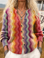 Women's Colorful Wave Pattern Art Print Casual Long Sleeve Stand Collar Knit Cardigan