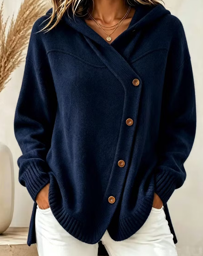 Women's Hooded Asymmetric Button Knit Cardigan