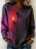 Women's Retro Halloween Ghost Candle Horror Pattern Crew Neck Sweatshirt