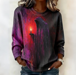 Women's Retro Halloween Ghost Candle Horror Pattern Crew Neck Sweatshirt