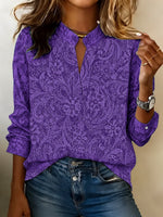 Women Floral Casual Blouse V Neck Long Sleeve Printing Top