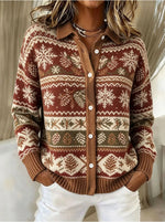 Leaf Printing Casual Shawl Collar Knit Top