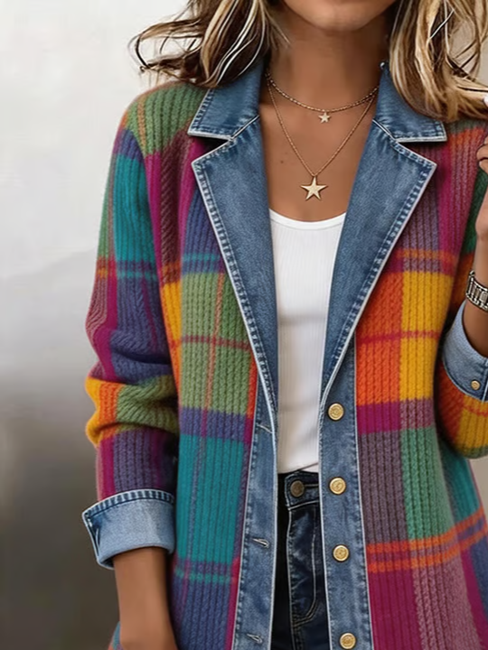 Women Winter Outerwear Vintage Printing Plaid Long Sleeve Shawl Collar Jacket