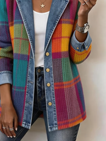 Women Winter Outerwear Vintage Printing Plaid Long Sleeve Shawl Collar Jacket