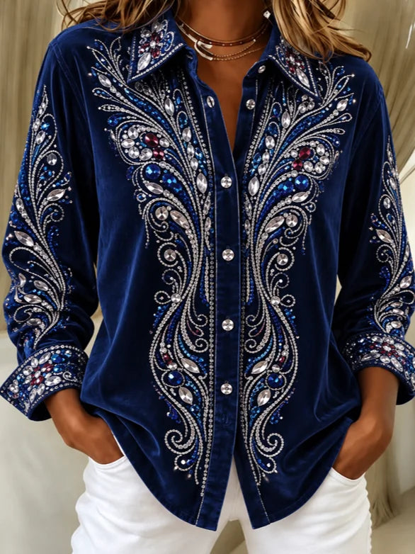 Women Geometric Casual Vintage Shirt Shawl Collar Long Sleeve Top