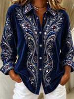 Women Geometric Casual Vintage Shirt Shawl Collar Long Sleeve Top