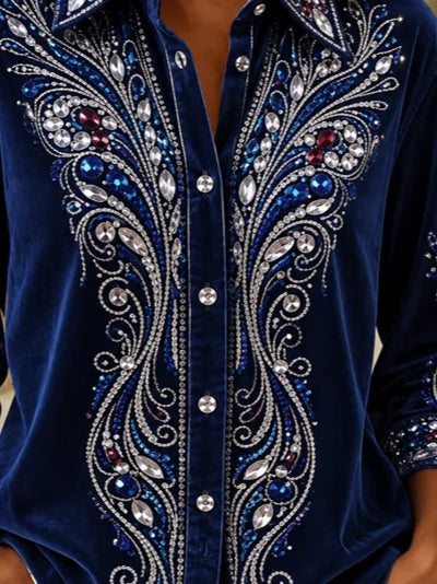 Women Geometric Casual Vintage Shirt Shawl Collar Long Sleeve Top