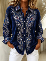 Women Geometric Casual Vintage Shirt Shawl Collar Long Sleeve Top