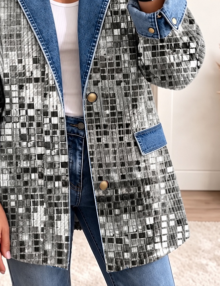 Women Spring/Fall Casual Outerwear Vintage Abstract Graphic Long Sleeve Lapel Collar Jacket