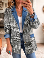 Women Spring/Fall Casual Outerwear Vintage Abstract Graphic Long Sleeve Lapel Collar Jacket