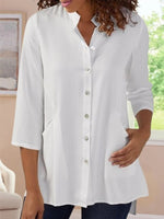 Solid Casual Lapel 3/4 Sleeves Buttons Blouse
