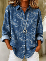 Women Paisley Casual Shirt Shirt Collar Long Sleeve Buckle Top