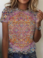 Ethnic Printed Casual Round Neck Short Sleeve Blouse