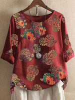 Red Floral Printed Round Neck Short Sleeve Blouse