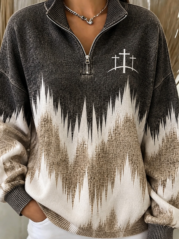 Casual Geometric Stand Collar Long Sleeve Sweatshirt
