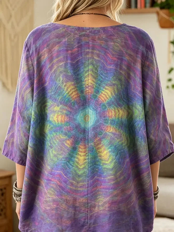 Ethnicity Kaleidoscope Purple Women's Art Print Casual 3/4 Sleeve Cotton Top