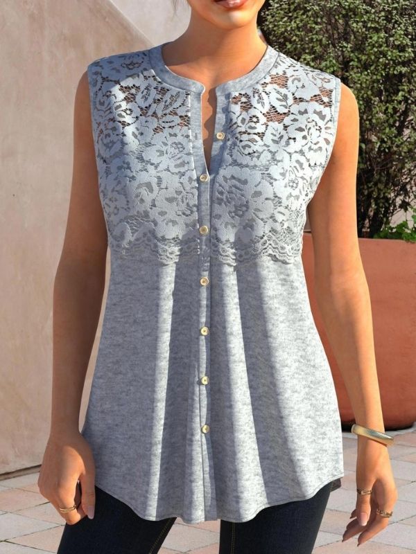 Grey Lace Stitching Button Tank Top