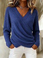 Women Casual Surplice Wrap V Neck Draped Long Sleeve Knit Sweater