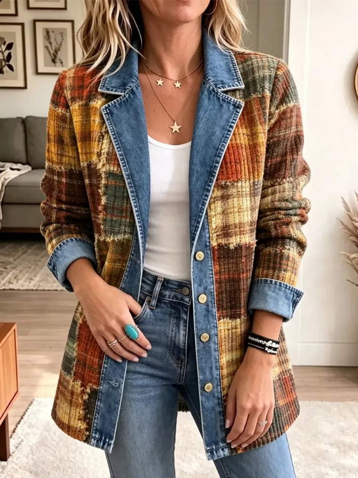 Retro Plaid Pattern Art Casual Denim Patchwork Stylish Long Sleeve Coat