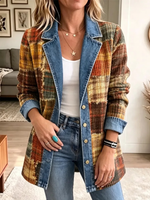 Retro Plaid Pattern Art Casual Denim Patchwork Stylish Long Sleeve Coat