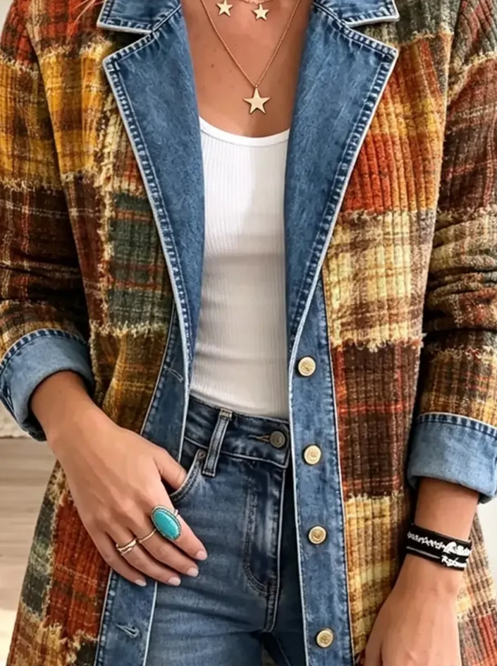 Retro Plaid Pattern Art Casual Denim Patchwork Stylish Long Sleeve Coat