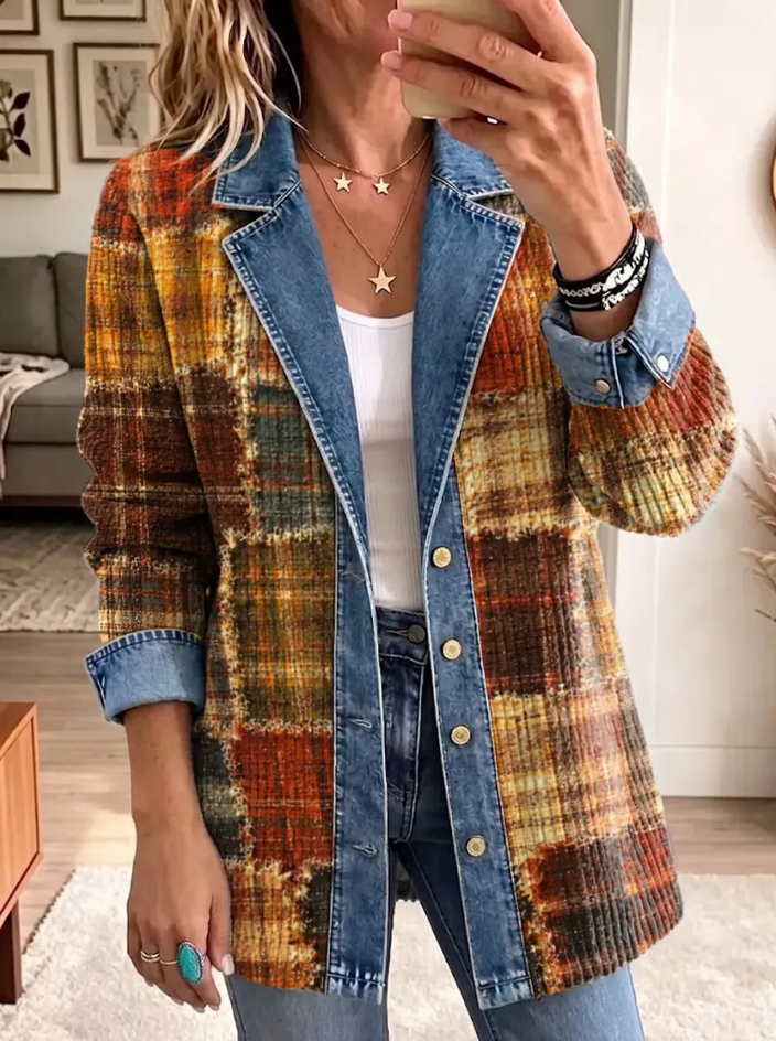 Retro Plaid Pattern Art Casual Denim Patchwork Stylish Long Sleeve Coat