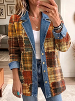 Retro Plaid Pattern Art Casual Denim Patchwork Stylish Long Sleeve Coat