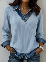Casual Simple Patchwork Denim Knit Top