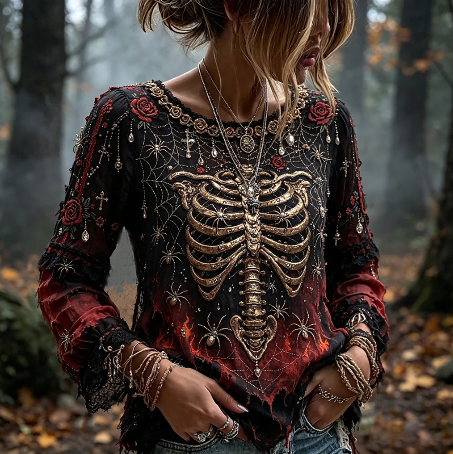 Women's Halloween Skull And Spider Art Distressed Gradient Crewneck Long Sleeve Top
