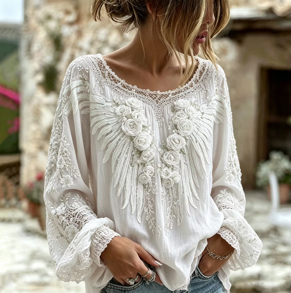 Women's Vintage Rose And Wing Embroidery Art Crew Neck Long Sleeve Linen Blend T-shirt