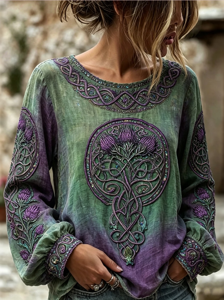 Women's Vintage Classy Thistle Celtic Knot Gradient Print Cotton Linen Top