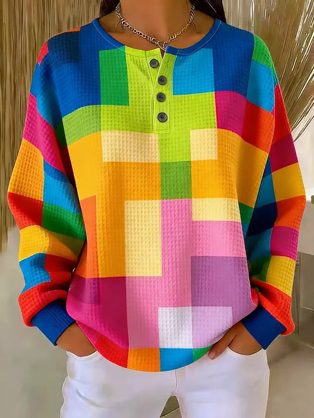 Women's Abstract Geometric Print Button-Up Casual Waffle Knit Sweatshirt