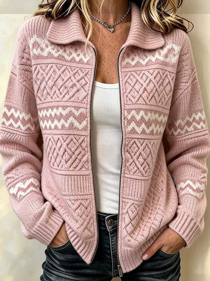Women's Geometric Print Lapel Long Sleeve Loose Knit Cardigan