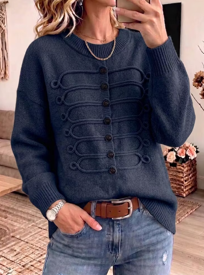 Women Solid Color Crew Neck Long Sleeve Casual Loose Knit Pullover
