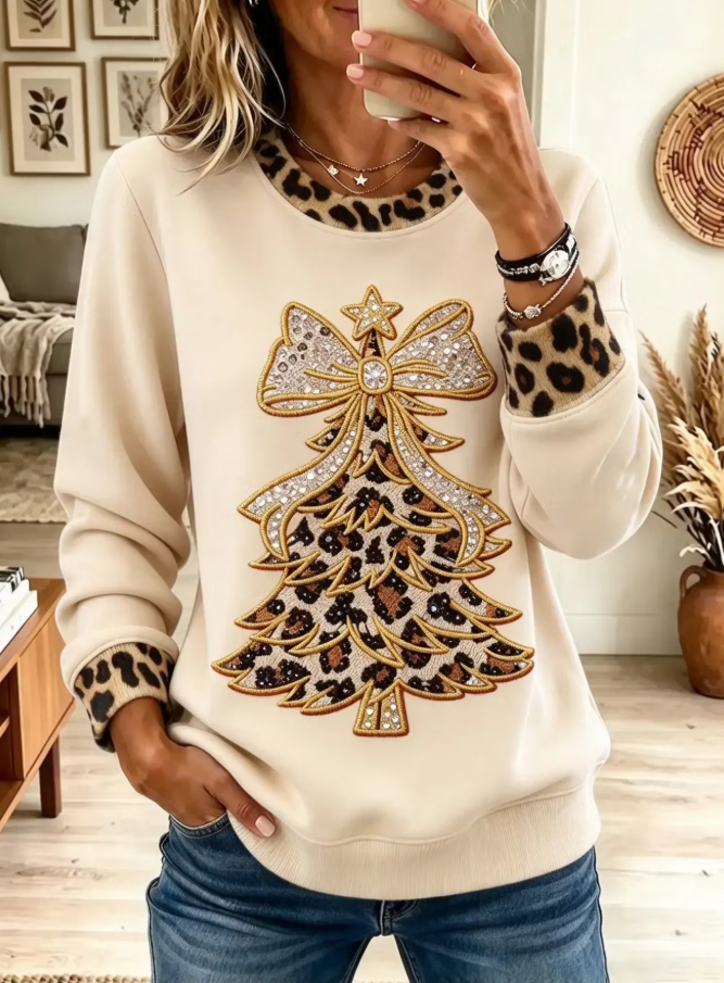 Women Leopard Christmas Tree Bow Graphic Sweatshirt