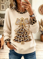 Women Leopard Christmas Tree Bow Graphic Sweatshirt
