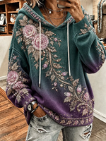 Women Artistic Flowers Printed Long Sleeved Hoodie
